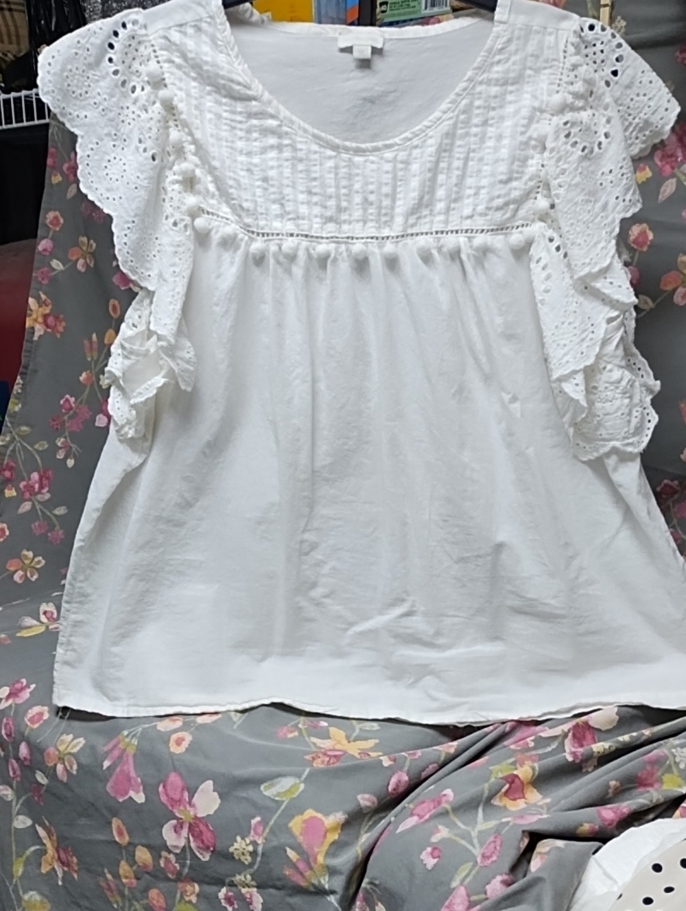 Jennifer And Grace White Eyelet Ruffle Sleeve Blouse - Feminine Scoop Neck